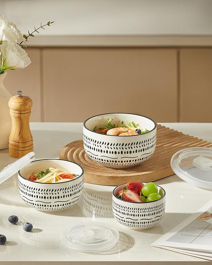 Metahom Ceramic Bowls with Lids Set of 3, Nesting Bowls for Food Storage, Meal Prep, Ceramic Bowls for Kitchen, Microwave & Dishwasher Safe, 29+17+11 Oz - Image 3