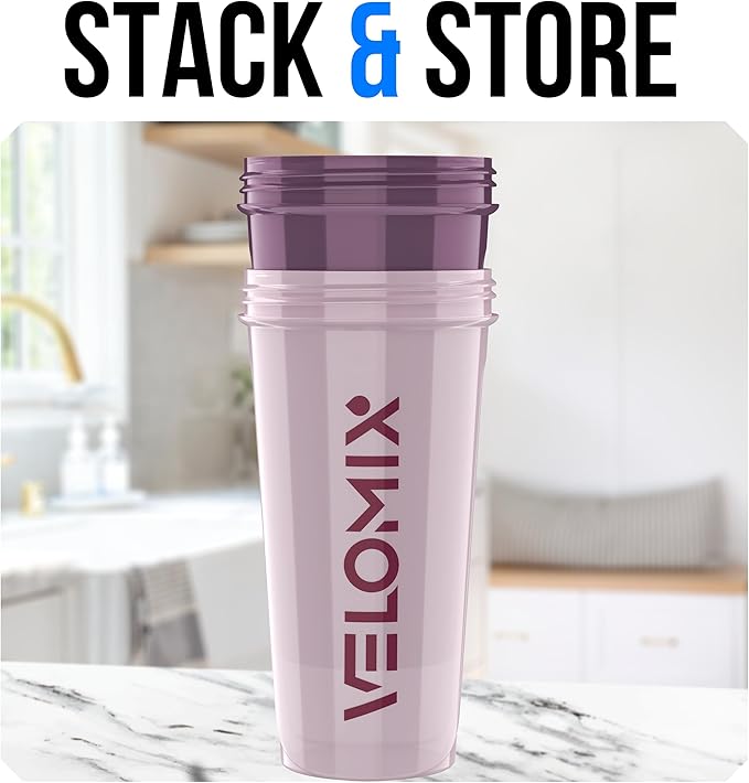 VELOMIX -2 Pack- 28 oz Protein Shaker Bottles for Protein Mixes - 2x Wire Whisk | Leak Proof Shaker Cups for Protein Shakes and Pre Workout | Protein Shaker Bottle Pack (B7) Purple Mix