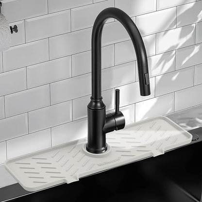 Silicone Faucet Mat for Kitchen Sink – Gen 2 Splash Guard with Upgraded Outlet & Slope – 18” x 5.1” Water Catcher & Sink Sponge Holder for Kitchen and Bathroom (Beige)
