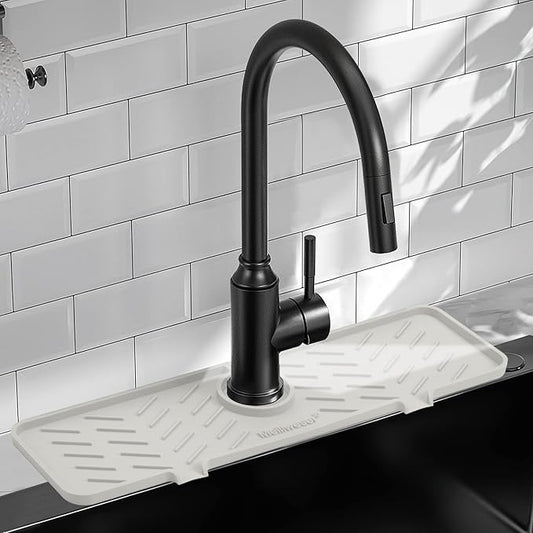 Silicone Faucet Mat for Kitchen Sink – Gen 2 Splash Guard with Upgraded Outlet & Slope – 18” x 5.1” Water Catcher & Sink Sponge Holder for Kitchen and Bathroom (Beige)