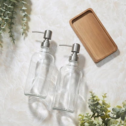 Clear Glass Soap Dispenser Set with Acacia Wood Tray, Refillable Hand Soap Pump Bottle for Kitchen, Bathroom Countertop, Modern Farmhouse Soap Dispenser Set