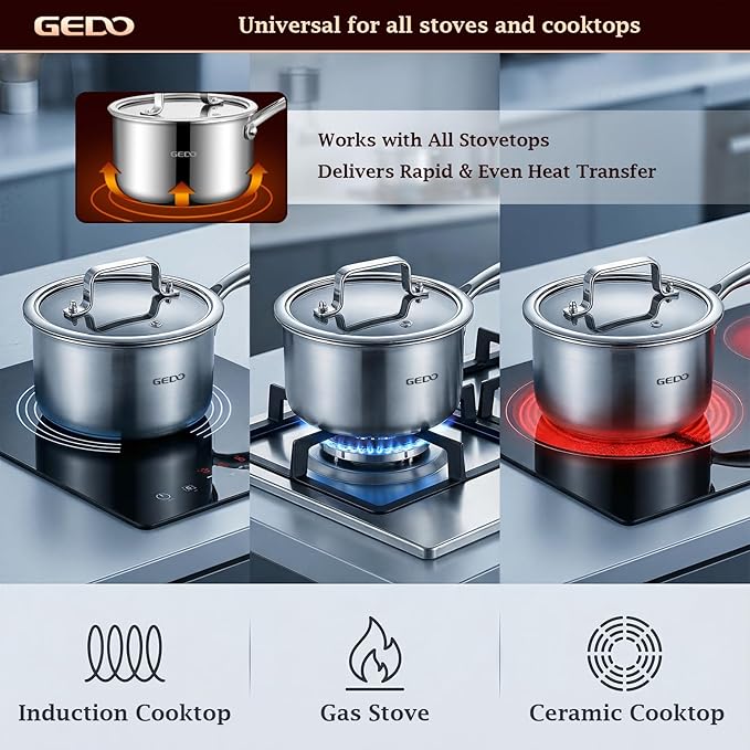 GEDO 3-Ply 304 Stainless Steel Saucepan with Lid, One-Piece Rivet-Free & Seamless Design, Angled Spout & Heat-Resistant Handle, Universal Stovetop Compatible for Indoor Cooking (7 In / 18cm Size) - Image 5