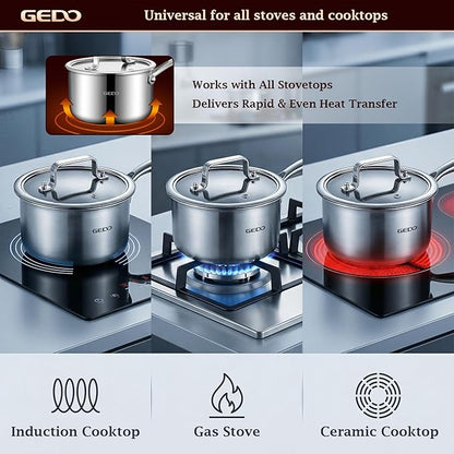 GEDO 3-Ply 304 Stainless Steel Saucepan with Lid, One-Piece Rivet-Free & Seamless Design, Angled Spout & Heat-Resistant Handle, Universal Stovetop Compatible for Indoor Cooking (7 In / 18cm Size) - Image 5