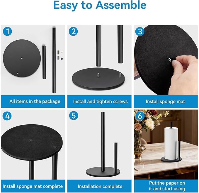 Paper Towel Holder Kitchen,Premium Stainless Steel Roll Dispenser,Countertop Paper Holder with Weighted Base, Black - Image 6