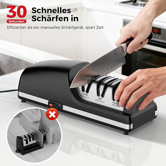 Professional Electric Knife Sharpener, 3-Stage Diamond Abrasive Sharpening System, Replaceable Sharpening Heads, 15° Precision Angle Guide for Kitchen Knives, Quick Blade Repair and Restoration - Image 2
