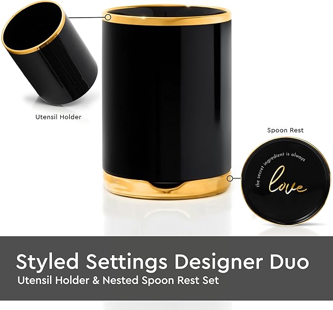 STYLED SETTINGS Black and Gold Utensil Holder with Built-in Spoon Rest - 2 PC Large Ceramic Utensil Holder Includes Black & Gold Spoon Rest - Luxury Kitchen Accessories - Utensils Not Included - Image 2