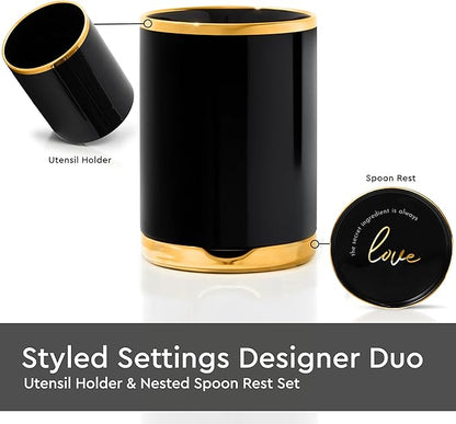 STYLED SETTINGS Black and Gold Utensil Holder with Built-in Spoon Rest - 2 PC Large Ceramic Utensil Holder Includes Black & Gold Spoon Rest - Luxury Kitchen Accessories - Utensils Not Included - Image 2