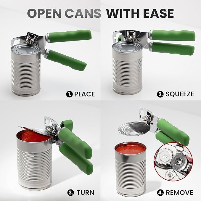 Zulay Kitchen Heavy Duty Stainless Steel Can Opener Manual with Bottle Opener - Rust Proof Manual Can Opener With Turn Knob & Comfy Soft Grip Handles - Artichoke Green - Image 6