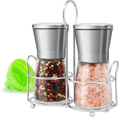 Stainless Steel Salt and Pepper Grinder Set - Short Glass Shaker, Pepper Mill & Salt Mill with Adjustable Coarseness, Refillable for Himalayan or Sea Salt, Black Peppercorn, with Bonus Stand by MJINGMEI