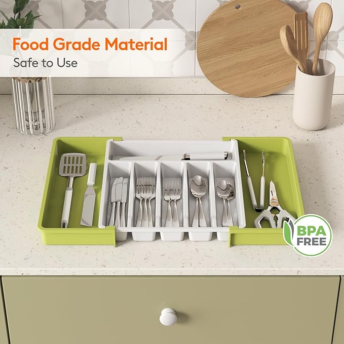 Lifewit Silverware Drawer Organizer, Expandable Utensil Tray for Kitchen, BPA Free Flatware and Cutlery Holder, Adjustable Plastic Storage for Spoons Forks Knives, 13-22 x 15", Green&White - Image 7