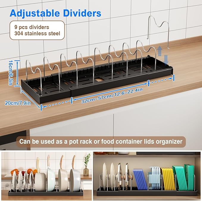 Mustorn Pots and Pans Organizer Under Cabinet, 22" Expandable Food Storage Container Lid Organizers with 9 Adjustable Dividers Pot and Pan Lid Holders Rack Inside Cabinet/Countertop(1 Pack, Black) - Image 2