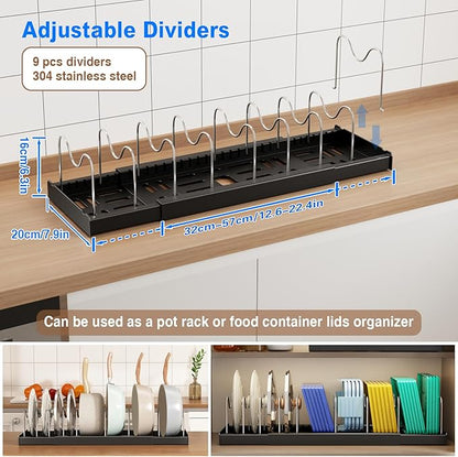 Mustorn Pots and Pans Organizer Under Cabinet, 22" Expandable Food Storage Container Lid Organizers with 9 Adjustable Dividers Pot and Pan Lid Holders Rack Inside Cabinet/Countertop(1 Pack, Black) - Image 2