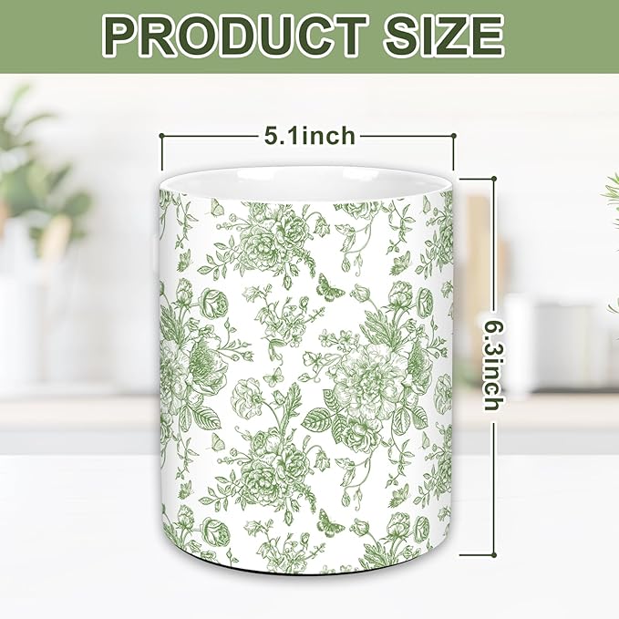 JarThenaAMCS Green Floral Ceramic Utensil Holder Vintage Flower Butterfly Utensil Crock for Home Kitchen Countertop Storage Organizer Container - Image 2