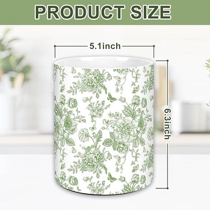 JarThenaAMCS Green Floral Ceramic Utensil Holder Vintage Flower Butterfly Utensil Crock for Home Kitchen Countertop Storage Organizer Container - Image 2