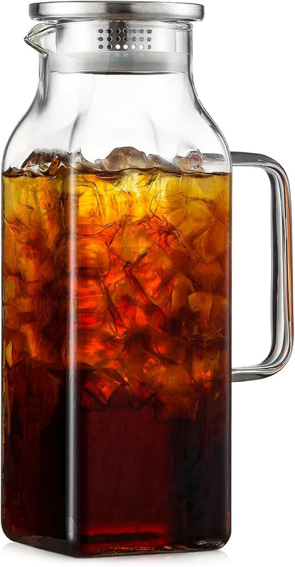 2 Quart (2 Liter 68 oz) Square Glass Pitcher with Lid and Spout, Water Pitchers with Handle for Fridge, Borosilicate Glass Carafe for Hot/Cold Drink, Large Jug for Iced Tea, Coffee,Juice,Milk,Beverage by NETANY