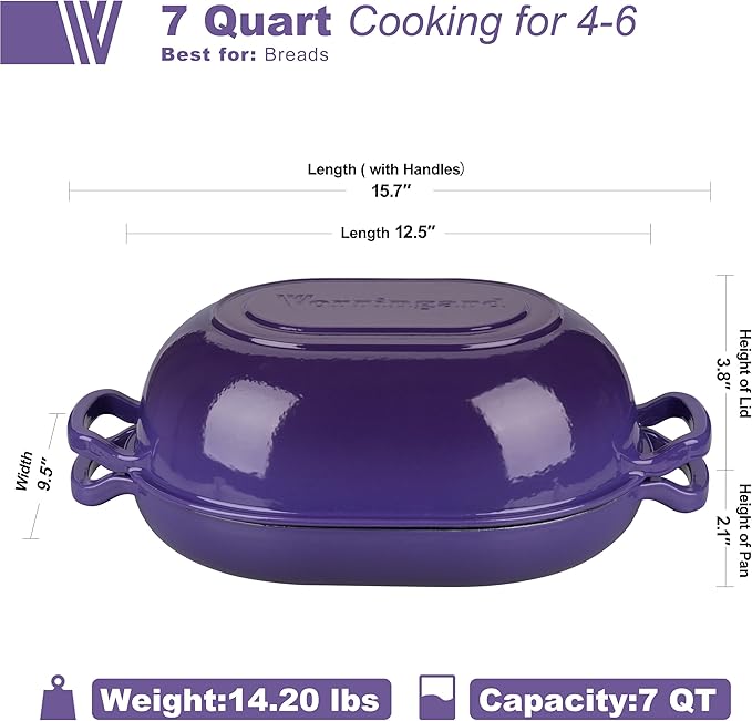 VORRINGARD Enameled Cast Iron Sourdough Bread Oven, Dutch Oven, Loaf Cast Iron Bread Pan for Homemade Bread Baking, Meatloaf Pan with Lid, 7QT, Purple - Image 2