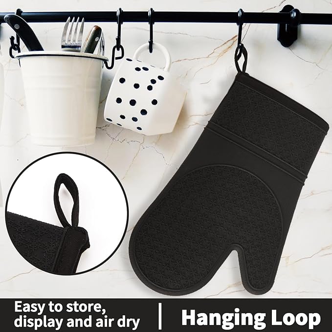 Hovico Silicone Oven Mitts, Heat Resistant 500F Kitchen Mitts 2PCS, 11.6" BPA-Free Soft Baking Gloves, Non-Slip Grip Oven Gloves with Soft Cotton Lining for Kitchen Cooking Baking BBQ - Black - Image 6