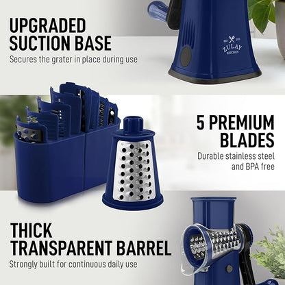 Zulay Kitchen Rotary Cheese Grater 5 Blade Cheese Shredder - Manual Hand Crank Cheese Grater With Reinforced Suction & 5 Interchangeable Drums - Easy to Use, Vegetable Chopper Round Mandoline Slicer - Image 7