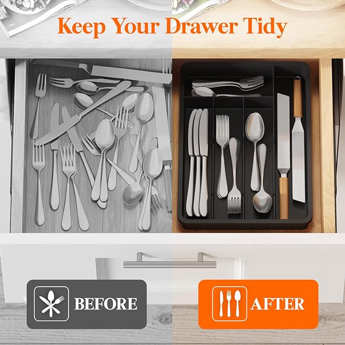 Lifewit Silverware Drawer Organizer Tray, Plastic Cutlery Storage for Kitchen, Flatware and Utensil Holder Divider for Spoons Forks Knives Tableware, 9.5 x 13.4", 5 Slots, Black - Image 7
