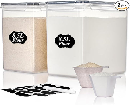 Vtopmart 8.5L 2 Pack Extra Large Flour Sugar Storage Containers for 20lbs flour, Airtight Kitchen Pantry Organization Canisters with Lids for Bulk food, Rice, Baking Supplies, BPA Free, Black by Vtopmart