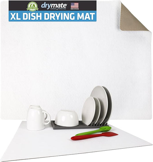 Drymate Jumbo XL Dish Drying Mat (19”x24”), Low-Profile, Super Absorbent, Quick Dry Fabric, Waterproof & Slip-Resistant, for Kitchen Counter, Trimmable, Easy to Clean (USA Made)(White) by Drymate