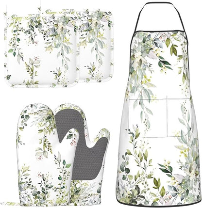 Sage Green Eucalyptus Oven Mitts Watercolor Butterfly Leaves Pot Holders Cooking Apron Set of 5 Silicone Kitchen Glove Apron Non-Slip Heat Resistant for Chef Baking Cooking Grilling BBQ