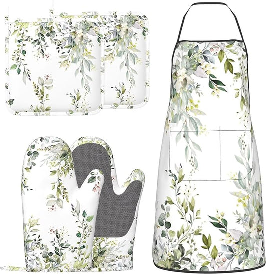 Sage Green Eucalyptus Oven Mitts Watercolor Butterfly Leaves Pot Holders Cooking Apron Set of 5 Silicone Kitchen Glove Apron Non-Slip Heat Resistant for Chef Baking Cooking Grilling BBQ