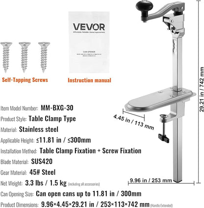 VEVOR Commercial Can Opener, Heavy-Duty Manual Tabletop Cans Opener for Cans Up to 11.8 in Height, Height-Adjustable Can Openers Fixed with Screws & Table Clamp, for Restaurant, Hotel, and Food Store