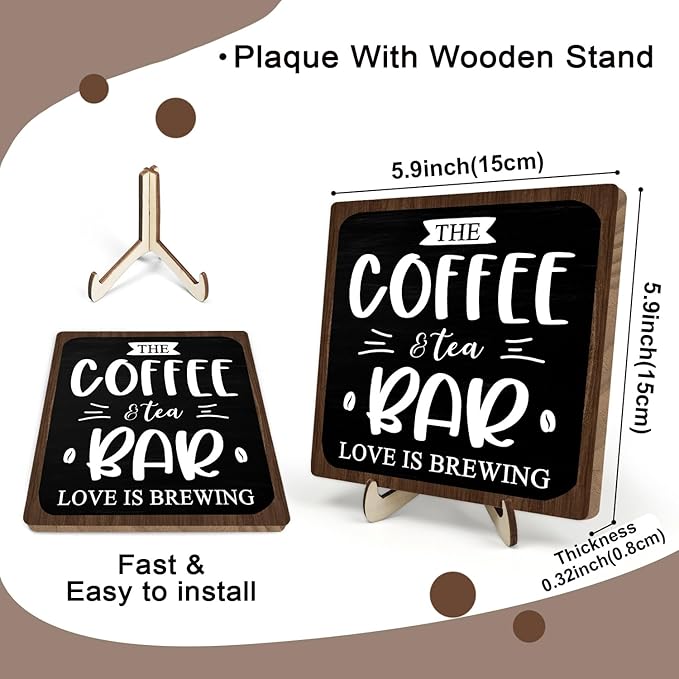Coffee Bar Decor Sign, Rustic Wooden Plaque for Coffee Lovers, Farmhouse Shelf Accent, Gift for Espresso Fans, Kitchen or Café Desk Display, 5.9 x 5.9Inch(Black+Brown) - Image 2