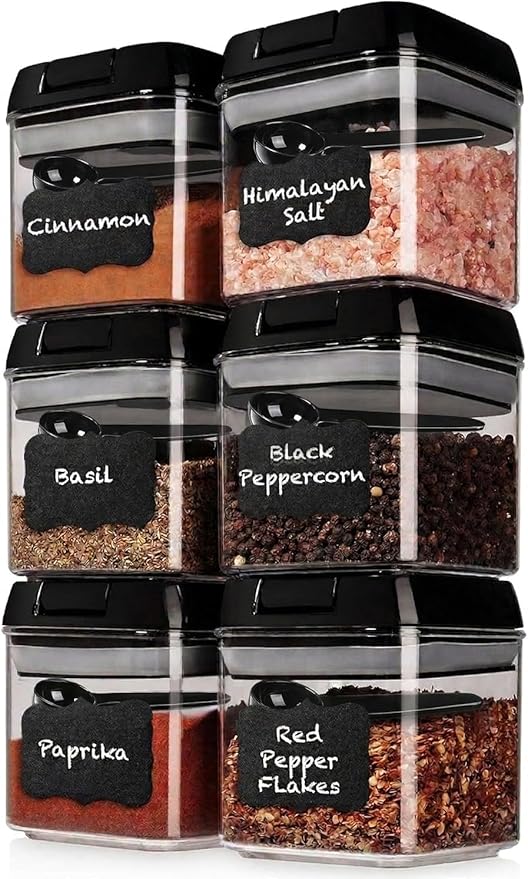 Shazo 6 PC Airtight Food Storage Containers + 6 Spoons Included - BPA Free Plastic Snack & Spice Containers with Easy Lock Lids - Kitchen and Pantry Organization for Herbs Coffee Tea - 0.5L / 2.1 Cup
