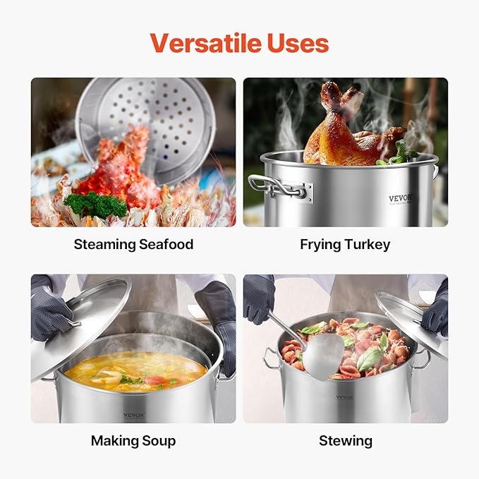 VEVOR Stainless Steel Stockpot, 100 Quart Large Cooking Pots, Cookware Sauce Pot with Basket, Lid, and Handle, Heavy Duty Commercial Grade Stock Pot, Sanding Treatment, for Large Groups Events Silver - Image 6