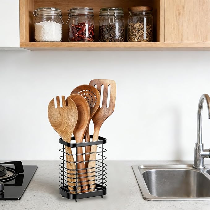 Utensil Holder, Stainless Steel Utensil Drying Rack for Kitchen Counter, Silverware Cutlery Flatware Holder Forks, Knives, Spoons, Chopsticks Organizer (Black) - Image 7