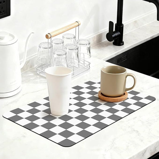 12" x 20" Checkered Dish Drying Mat for Kitchen Counter, Absorbent Coffee Bar Mat for Espresso Machine Coffee Countertops Accessories, Grey by Unknown