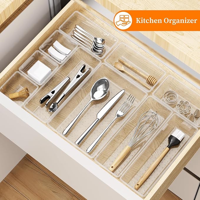 StorMiracle 32 PCS Clear Plastic Drawer Organizer Set, 4-Size vanity organizer Trays and Storage Bins for Makeup, Jewelry and Gadgets in Bedroom, Bathroom and Office, Clear - Image 7