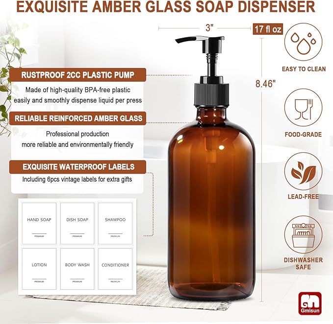 GMISUN Amber Glass Soap Dispenser, 2 Pack Bathroom Hand Soap Dispensers with Plastic Pump, 17 Fl Oz Kitchen Hand and Dish Soap Dispenser Set, Modern Vintage Liquid Brown Soap Dispensers Bottle - Image 3