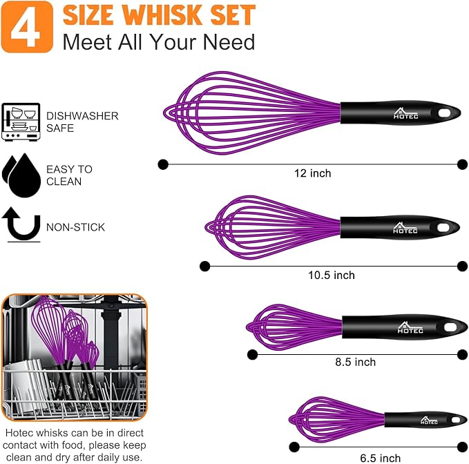 HOTEC 4 Pieces Silicone Whisks for Cooking, Wire Balloon Whisks Egg Beater, Non-Slip Handle Whisk for Non-Stick Cookware Perfect for Stirring, Beating and Blending, Stainless Steel, Purple - Image 3