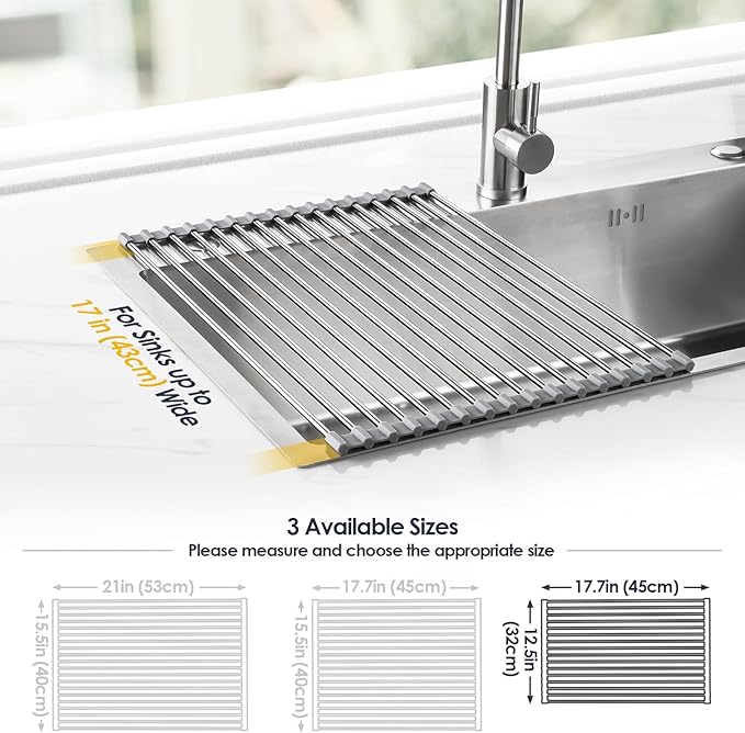 Tomorotec 17.7" x 12.5" Roll Up Dish Drying Rack Over Sink Drying Rack Sink Cover Kitchen Sink Accessories Gadget Multipurpose Organizer Foldable Stainless Steel Drainer - Image 4