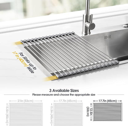 Tomorotec 17.7" x 12.5" Roll Up Dish Drying Rack Over Sink Drying Rack Sink Cover Kitchen Sink Accessories Gadget Multipurpose Organizer Foldable Stainless Steel Drainer - Image 4