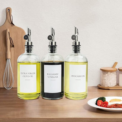 3PCS Oil Dispensers with Labels 16.23oz Kitchen Cooking Glass Bottles Containers with 304 Stainless Steel Automatic Pump Heads Anti-Corrosion & Rustproof - Image 2