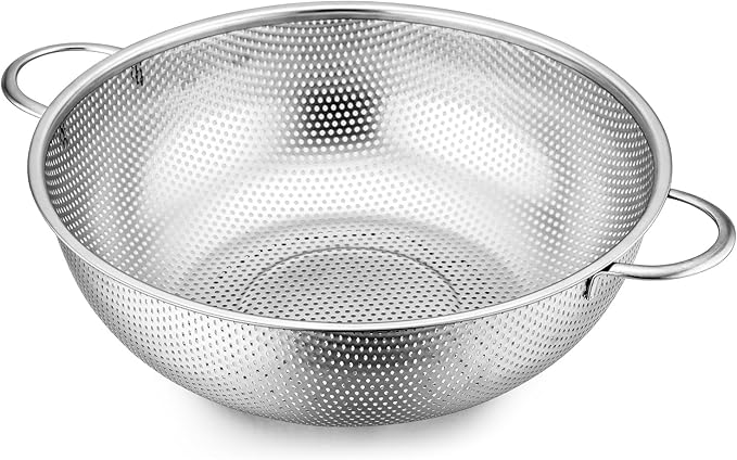 E-far 5-Quart Stainless Steel Colander, Micro-Perforated Metal Colander Strainer with Handle for Kitchen/Draining Pasta/Rinsing Vegetables Fruits, Heavy Duty & Dishwasher Safe - 11 Inches by E-far