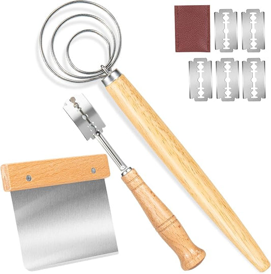 Danish Dough Whisk - Bread Whisk Set of 3 pieces, Bread Making Tools and Supplies, Danish Sourdough Whisks, Dutch Whisks for Dough, With Dough Scraper Sourdough Cutter, Lame Doughs Scoring Tool Blades by Qbily