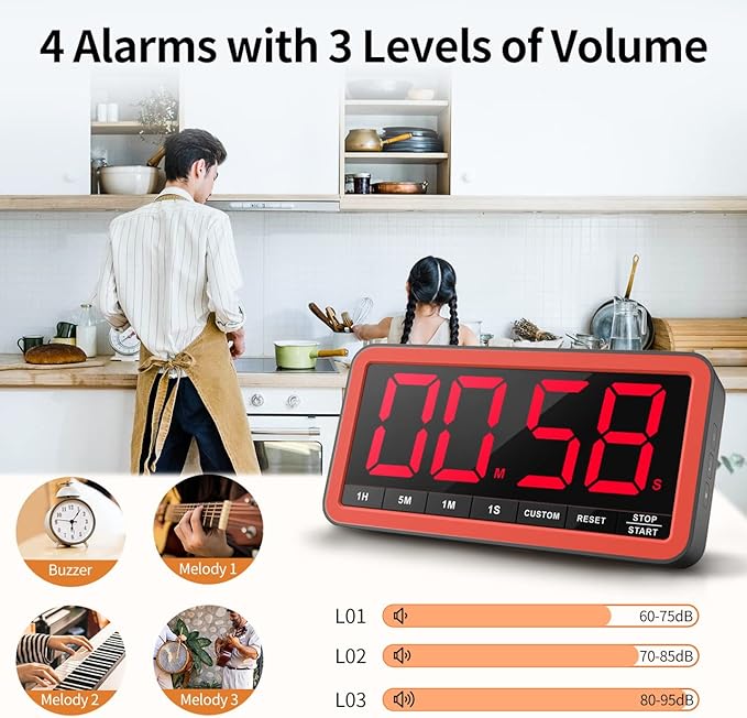 VOCOO Digital Kitchen Timer with 7.8” Extra Large Display, Magnetic LED, with 3 Brightness, 4 Alarms and 3 Volume Levels, Battery Powered Countdown Count Up Timer for Cooking, Classroom, Home Gym - Image 4