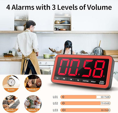 VOCOO Digital Kitchen Timer with 7.8” Extra Large Display, Magnetic LED, with 3 Brightness, 4 Alarms and 3 Volume Levels, Battery Powered Countdown Count Up Timer for Cooking, Classroom, Home Gym - Image 4