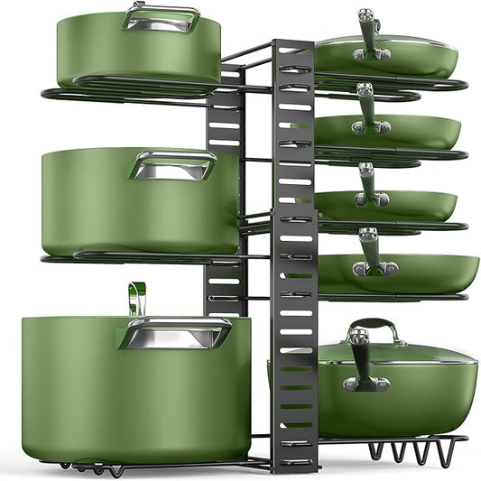 MUDEELA Pots and Pans Organizer Rack under Cabinet 8-Tiers Adjustable Pot Rack with 3 DIY Methods, Expandable 11.65'' to 19" Pot Lid Organizer for Kitchen Pantry Cabinet Organization and Storage by MUDEELA