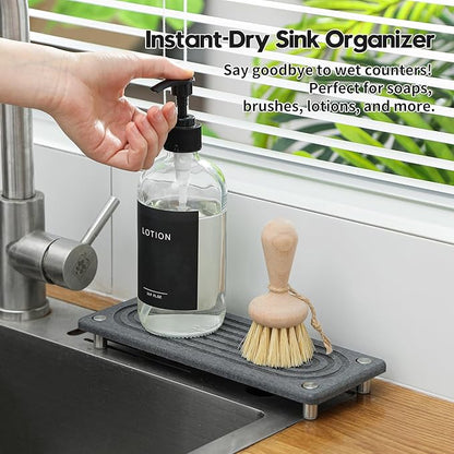 Razborci Water Absorbing Stone Sink Caddy Kitchen Sink Organizer Tray, Diatomite Bathroom Counter Tray, Faucet Drying Mat Coaster Soap Dish Rack Riser Dispenser Sponge Holder, Charcoal 10" x 4"