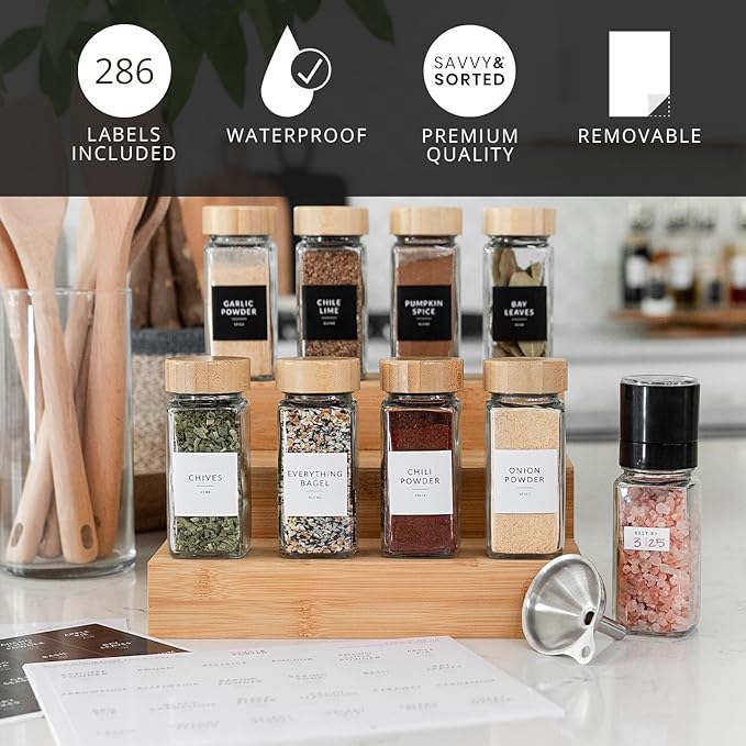 SAVVY & SORTED Glass Spice Jars with Label, 24PK Bamboo Jar Spices Set 4oz, 374 Spice Labels, Pepper Grinder, Empty Herb Seasoning Containers, Funnel and Shaker Lids - Image 2