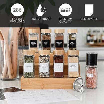 SAVVY & SORTED Glass Spice Jars with Label, 24PK Bamboo Jar Spices Set 4oz, 374 Spice Labels, Pepper Grinder, Empty Herb Seasoning Containers, Funnel and Shaker Lids - Image 2