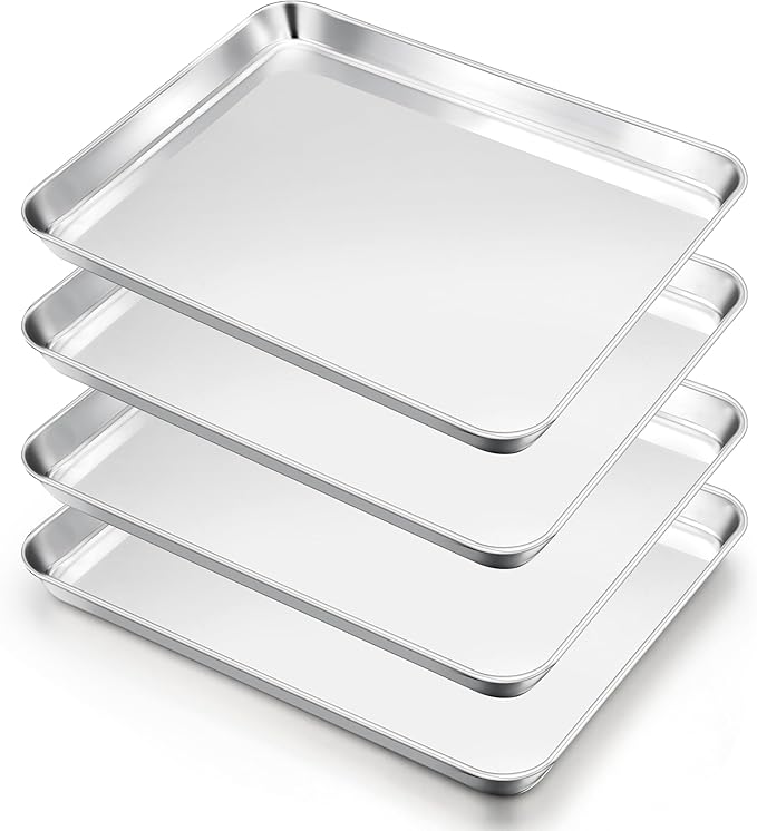 E-far Cookie Sheets Set of 4, 18”x13” Stainless Steel Baking Sheet Pans for Oven, Large Non Toxic Metal Baking Tray for Baking Roasting, Healthy & Rust Free, Mirror Finish & Dishwasher Safe by E-far