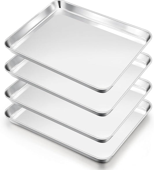 E-far Cookie Sheets Set of 4, 18”x13” Stainless Steel Baking Sheet Pans for Oven, Large Non Toxic Metal Baking Tray for Baking Roasting, Healthy & Rust Free, Mirror Finish & Dishwasher Safe by E-far