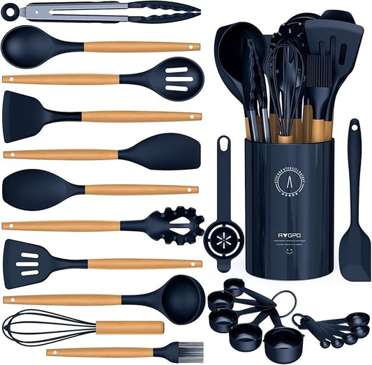 Silicone Cooking Utensils Set - AVGPD Silicone Kitchen Utensils for Cooking Wooden Handles, 446°F Heat Resistant Kitchen Utensil Spatula Sets, Gadgets for Non-Stick Cookware BPA FREE (Navy Blue) by AVGPD
